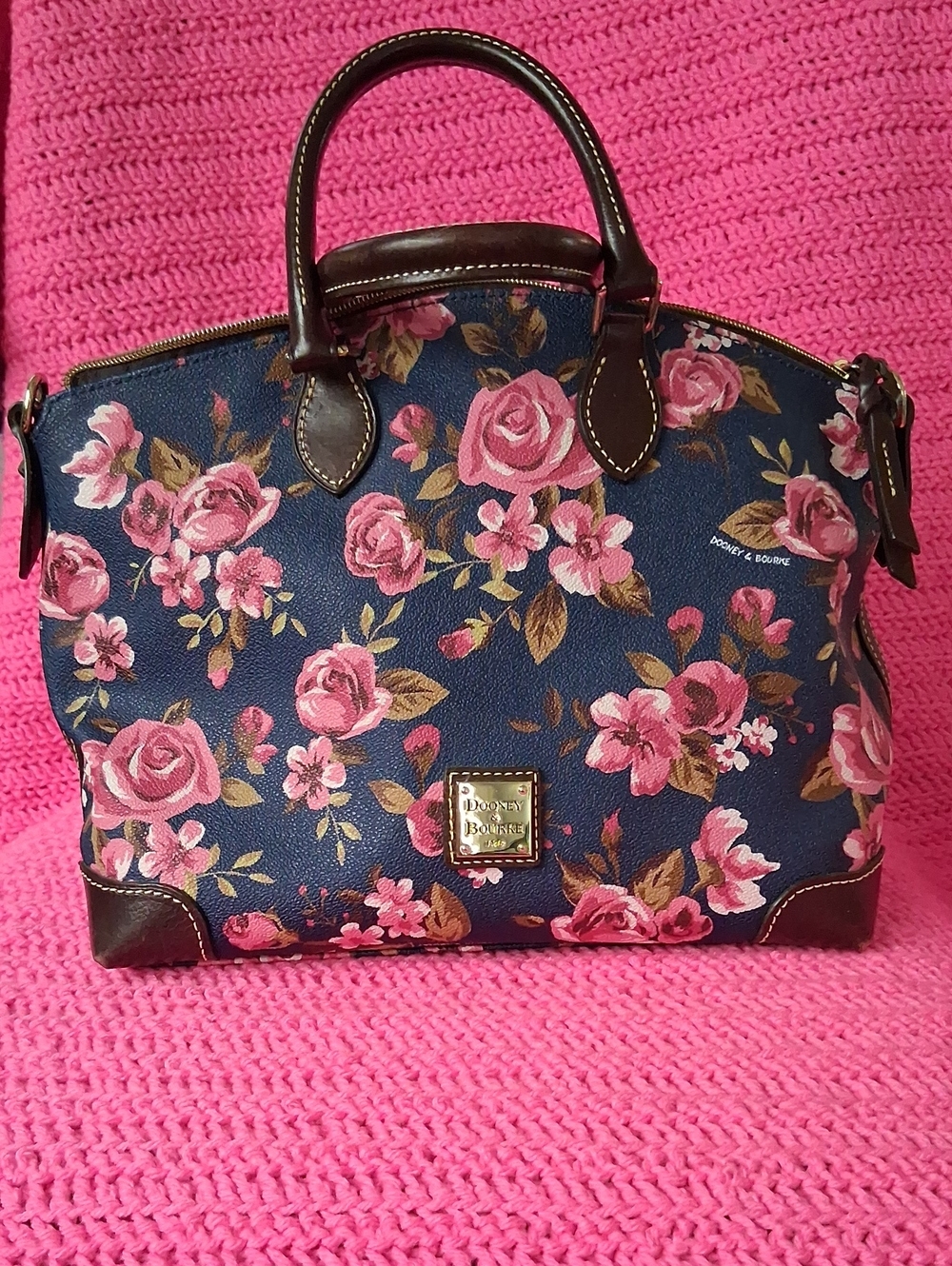Gorgeous Cabbage Rose Satchel In Chocolate Leather Trim